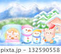 動物たちと雪だるまとかまくらの雪のイラスト 132590558