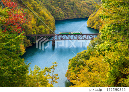 紅葉の萌える山々と只見川第三橋梁を渡る機関車 紅葉の萌える山々と只見川第三橋梁を渡る機関車 132590833