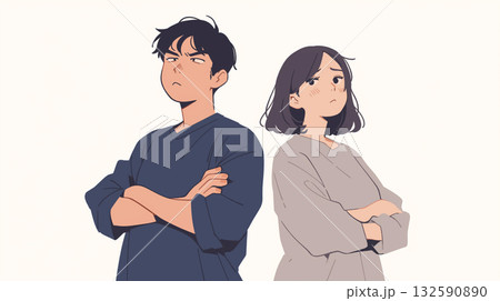 腕を組んで考え込む若いカップルのイラスト「生成AI」 132590890