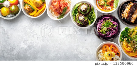 Colorful Culinary Competition Banner with Diverse Dishes on Clean Background 132590966