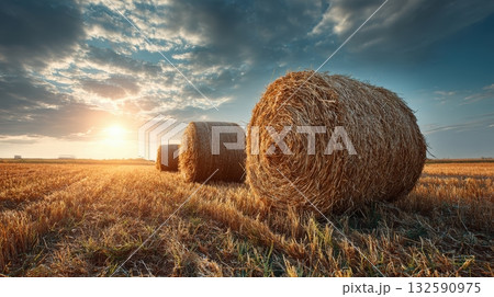 Golden Field with Hay Rolls at Sunset Under Blue Sky and Clouds Golden Field with Hay Rolls at Sunset Under Blue Sky and Clouds 132590975