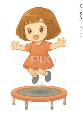 【人物】トランポリンで飛び跳ねる女の子のイラスト/ボブヘア 132591124