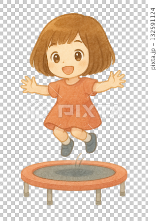 【人物】女孩在彈簧床上跳躍的插圖 / 波波頭 132591124