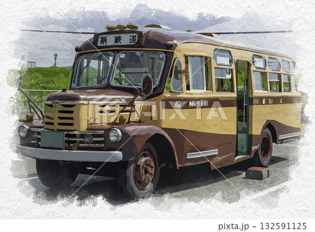 水彩画風　ボンネットバス　鞆鉄道　広島県福山市 132591125