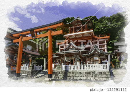 水彩画風 草戸稲荷神社 社殿 広島県福山市 水彩画風 草戸稲荷神社 社殿 広島県福山市 132591135