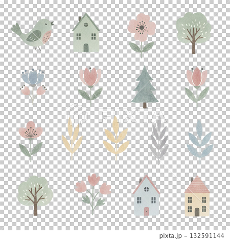 Watercolor Nordic motif set: cute illustrations of birds, houses, flowers, and trees 132591144