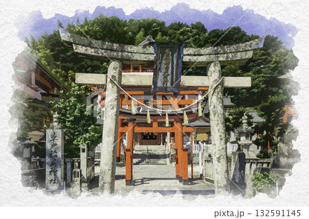 水彩画風　草戸稲荷神社　鳥居　広島県福山市 132591145