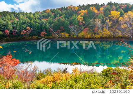 浄土平の樋沼に映る紅葉 132591160