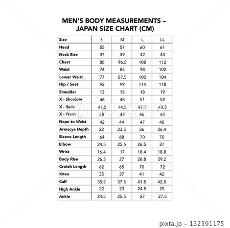 Men size Japan chart in centimeters for chest, waist, hip, shoulder, sleeve, height. Comprehensive tailoring, sewing, Men size Japan chart in centimeters for chest, waist, hip, shoulder, sleeve, height. Comprehensive tailoring, sewing, 132591175