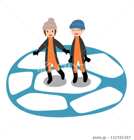 専用のウェアを着て流氷ウォークを楽しむ男女のイラスト 専用のウェアを着て流氷ウォークを楽しむ男女のイラスト 132591387
