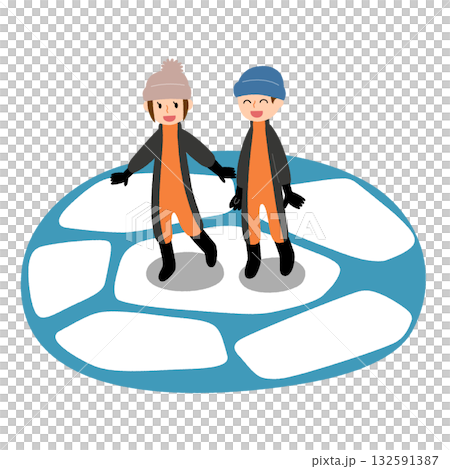 専用のウェアを着て流氷ウォークを楽しむ男女のイラスト 専用のウェアを着て流氷ウォークを楽しむ男女のイラスト 132591387