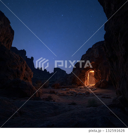 夜の砂漠：岩のシェルターと静かな星の輝き 132591626