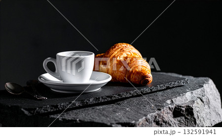 A close-up of a croissant and a cup of espresso on a dark slate background. 132591941
