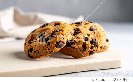 A close-up of two freshly baked chocolate chip cookies on a cutting board. A close-up of two freshly baked chocolate chip cookies on a cutting board. 132591969