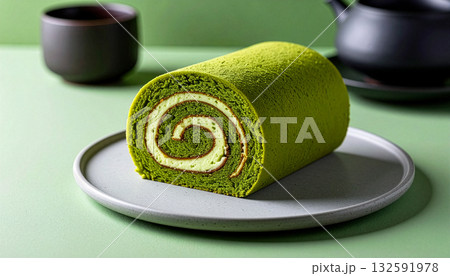 A close-up of a matcha green tea roll cake on a grey plate with a green background. 132591978