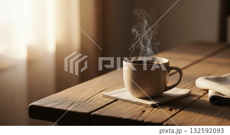 冬の朝のぬくもり — 明るい日差しと湯気の立つコーヒーカップ 冬の朝のぬくもり — 明るい日差しと湯気の立つコーヒーカップ 132592093