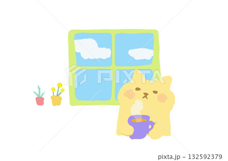 窓辺で温かい飲み物を飲むかわいい猫の手描きイラスト素材 132592379