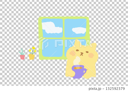 窓辺で温かい飲み物を飲むかわいい猫の手描きイラスト素材 132592379
