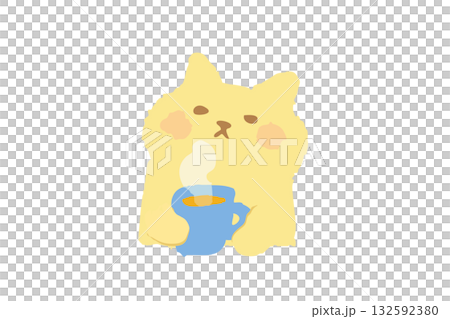 Hand-drawn illustration of a cute cat drinking a hot drink 132592380