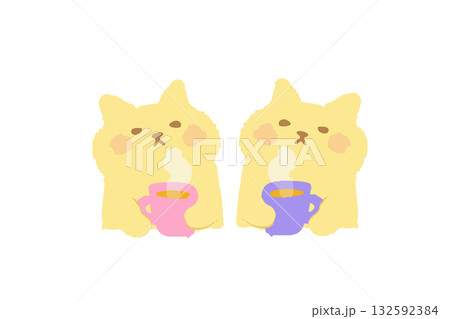 温かい飲み物を飲むかわいい猫の手描きイラスト素材 132592384