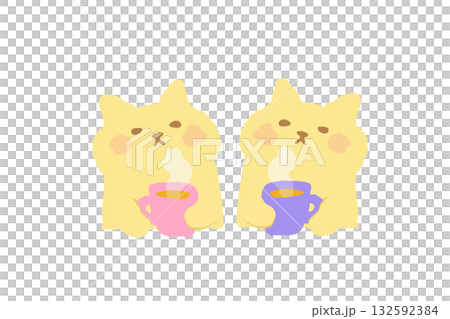 温かい飲み物を飲むかわいい猫の手描きイラスト素材 132592384