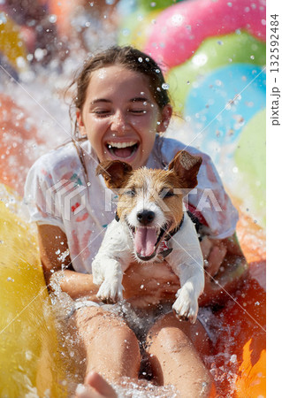 ウォータースライダーで遊ぶ犬と女の子 ウォータースライダーで遊ぶ犬と女の子 132592484