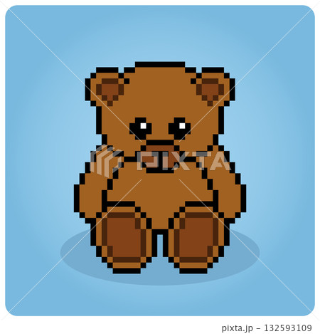 Brown bear pixel art is sitting. Cute animals for game assets in vector illustrations. Brown bear pixel art is sitting. Cute animals for game assets in vector illustrations. 132593109