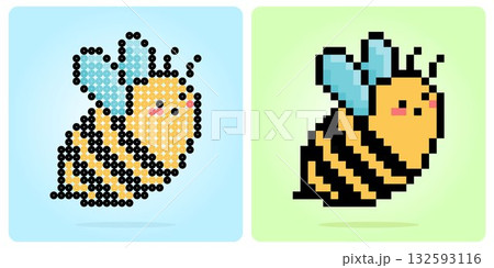 Pixel 8 bit bee. Animal pixels game assets in vector illustrations of 8 bit game assets. Cross stitch pattern or beads pattern vector Pixel 8 bit bee. Animal pixels game assets in vector illustrations of 8 bit game assets. Cross stitch pattern or beads pattern vector 132593116