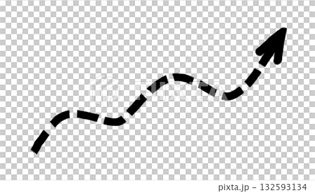 Black dashed curved arrow hand-drawn on transparent background. Wavy sketch arrow pointing up right, drawn with marker in doodle style, ideal for infographic design, highlights, or creative graphic 132593134