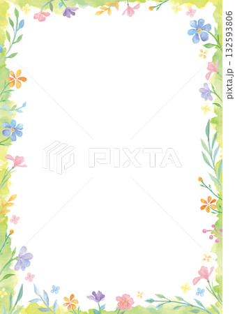 手描き水彩の優しい花と植物の黄緑フレーム-白背景 132593806