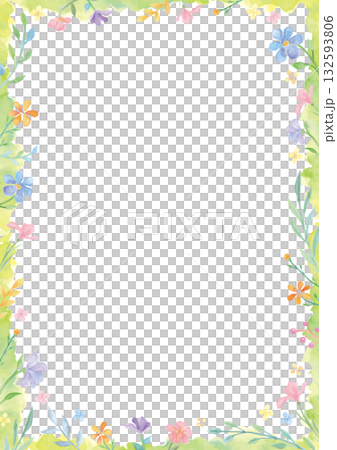 手描き水彩の優しい花と植物の黄緑フレーム-白背景 132593806