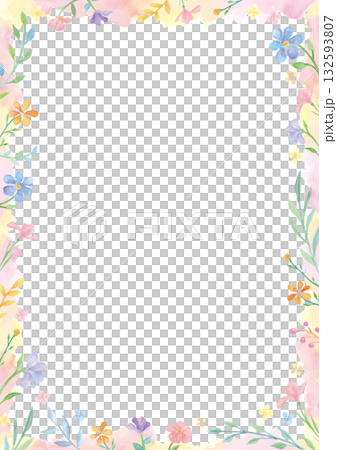 手描き水彩の優しい花と植物の暖色フレーム-白背景 手描き水彩の優しい花と植物の暖色フレーム-白背景 132593807