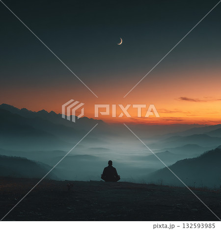 夕焼けの山脈を背景に瞑想する人物のシルエット 132593985