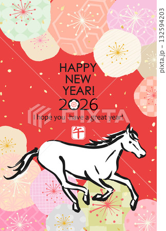 2026年　日本の年賀素材　いろいろな和柄の梅の花と馬 132594203
