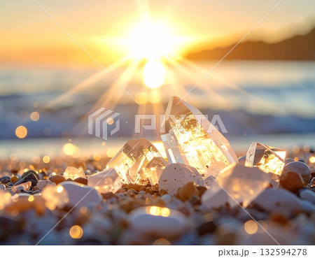 穏やかな海辺で拾った宝石のような透明感のあるクリスタルと、ロマンチックな光 132594278