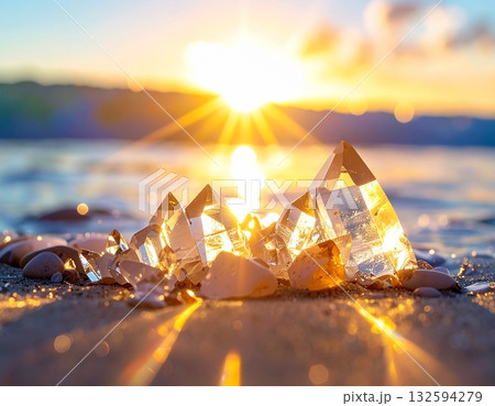 穏やかな海辺で拾った宝石のような透明感のあるクリスタルと、ロマンチックな光 穏やかな海辺で拾った宝石のような透明感のあるクリスタルと、ロマンチックな光 132594279