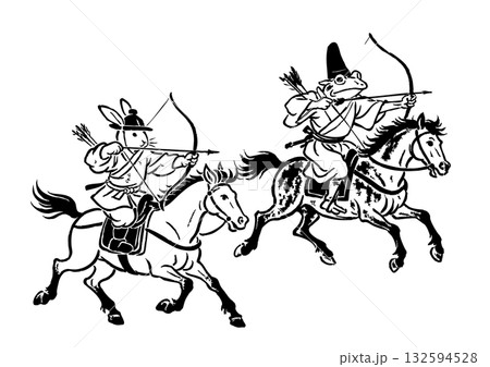 鳥獣戯画風流鏑馬の年賀状素材兎・蛙 鳥獣戯画風流鏑馬の年賀状素材兎・蛙 132594528