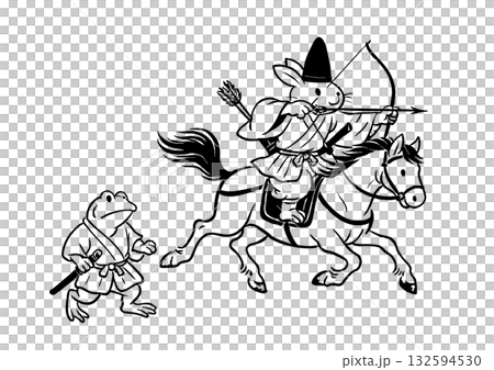 以長壽戲畫風格的流鏑馬、兔子和青蛙為主題的新年卡素材 132594530