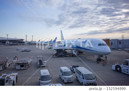 【日本】羽田空港の出発ロビーの窓から望む飛行機や整備車両と曇り空 132594890