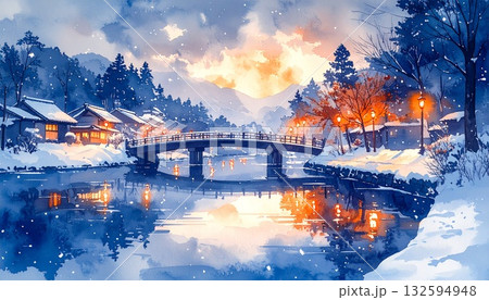 雪の降る冬の日本の町と川辺の橋を描いた水彩風イラスト 雪の降る冬の日本の町と川辺の橋を描いた水彩風イラスト 132594948