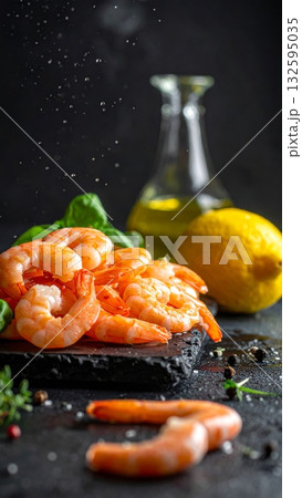 Cooked Shrimp on Slate Table 132595035