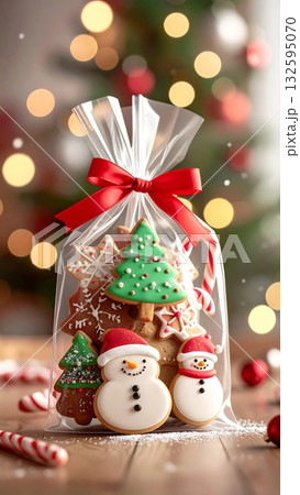 Christmas Cookies in Clear Plastic Bag with Bow 132595070