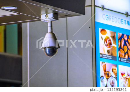 日本の東京都市景観　街角の防犯カメラ。日本橋。歩道から見るCOREDO日本橋にあるカメラ 132595261