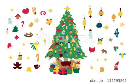 クリスマスツリーのイラスト。12月のツリーとオーナメントのセット。サンタとトナカイの飾り。 132595263
