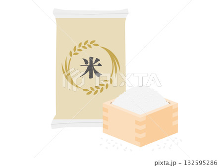 米が入った袋と升に盛られた米のイメージイラスト 米が入った袋と升に盛られた米のイメージイラスト 132595286