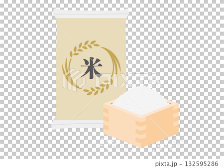 米が入った袋と升に盛られた米のイメージイラスト 米が入った袋と升に盛られた米のイメージイラスト 132595286