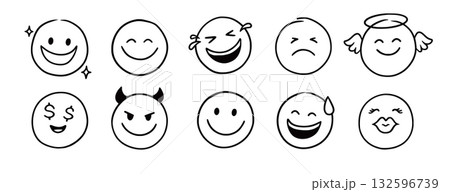 Face emoji icon set. Hand drawn doodle sketch style happy, angry, sad mood face emoticon background. Funny cartoon characters smile, wink, kiss emoji. Cute circle emotion element. Vector Face emoji icon set. Hand drawn doodle sketch style happy, angry, sad mood face emoticon background. Funny cartoon characters smile, wink, kiss emoji. Cute circle emotion element. Vector 132596739