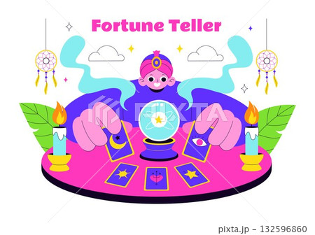 Fortune Teller Vector Illustration with Crystal Ball, Magic Book, and Tarot Cards for Predicting Destiny and Telling the Future in a Flat Background Fortune Teller Vector Illustration with Crystal Ball, Magic Book, and Tarot Cards for Predicting Destiny and Telling the Future in a Flat Background 132596860