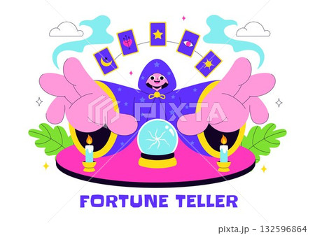 Fortune Teller Vector Illustration with Crystal Ball, Magic Book, and Tarot Cards for Predicting Destiny and Telling the Future in a Flat Background Fortune Teller Vector Illustration with Crystal Ball, Magic Book, and Tarot Cards for Predicting Destiny and Telling the Future in a Flat Background 132596864