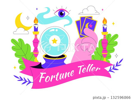 Fortune Teller Vector Illustration with Crystal Ball, Magic Book, and Tarot Cards for Predicting Destiny and Telling the Future in a Flat Background Fortune Teller Vector Illustration with Crystal Ball, Magic Book, and Tarot Cards for Predicting Destiny and Telling the Future in a Flat Background 132596866
